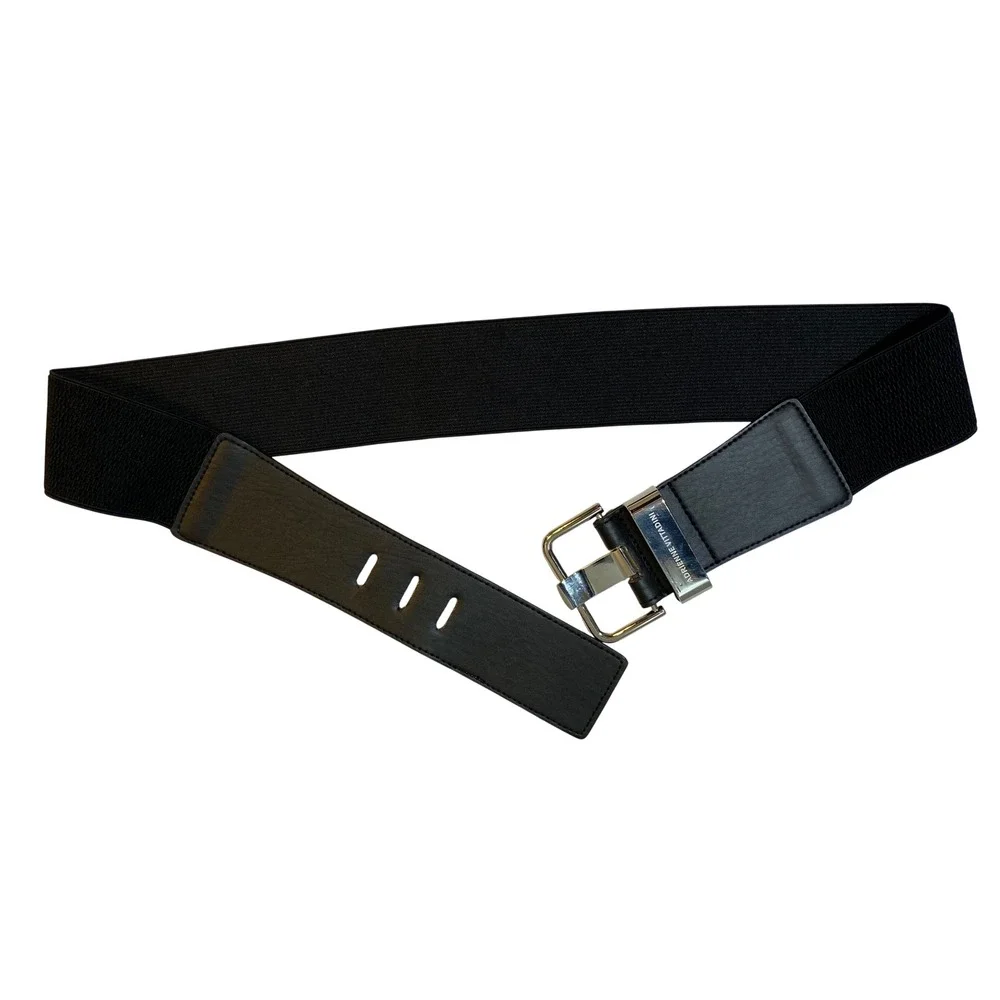 Adrienne Vittadini Black Wide Elastic Cinch Waist‎ Belt Silver Buckle 1X